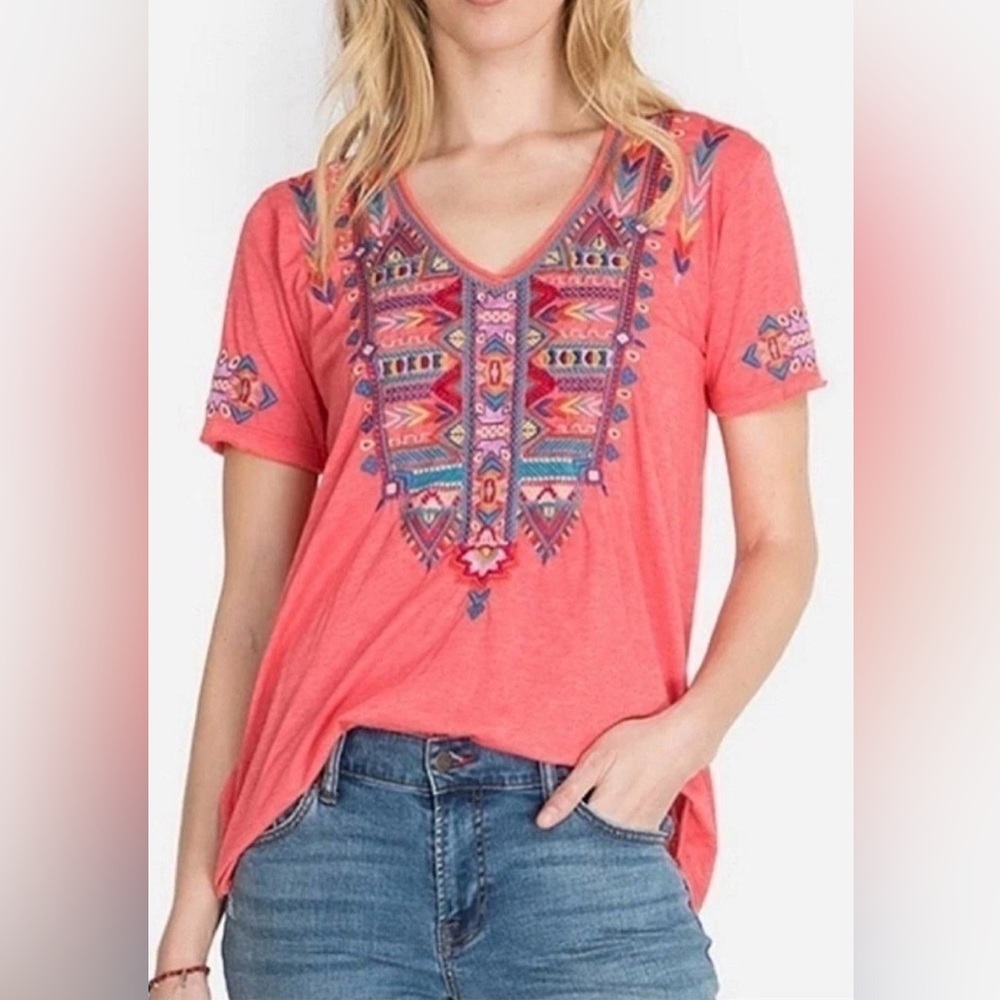 Johnny Was Laurelle Relaxed Fit Embroidered V-Neck Tee – Size Small - Picture 1 of 9
